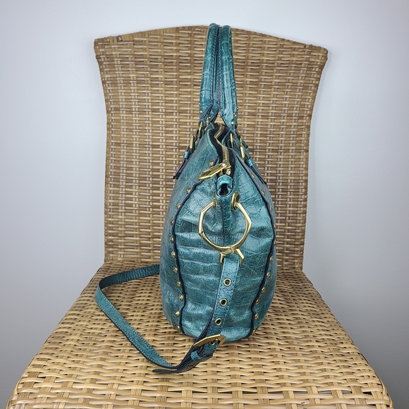 orYANY Dark Green Croc Embossed Gold Studded Leather Handbag With Shoulder Strap - Picture 5 of 16